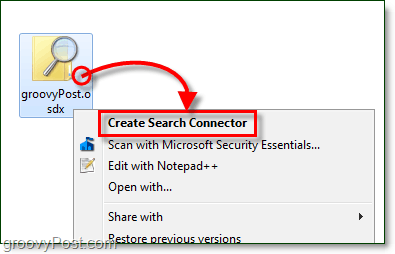 Dešiniuoju pelės mygtuku spustelėkite darbalaukį, tada spustelėkite „osdx“ failą, kuris yra paieškos jungtis, tada spustelėkite sukurti „Windows 7“ paieškos jungtį.