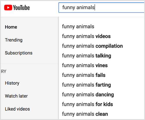 Peržiūrėkite „YouTube“ paieškos automatinius pasiūlymus dėl savo raktinio žodžio.