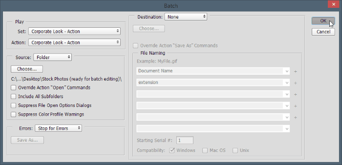 paketo redagavimo parametrų dialogo langas „Photoshop configure“
