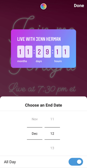 Kaip naudoti „Instagram Countdown“ lipduką verslui, 3 žingsnio atgalinės pabaigos data.