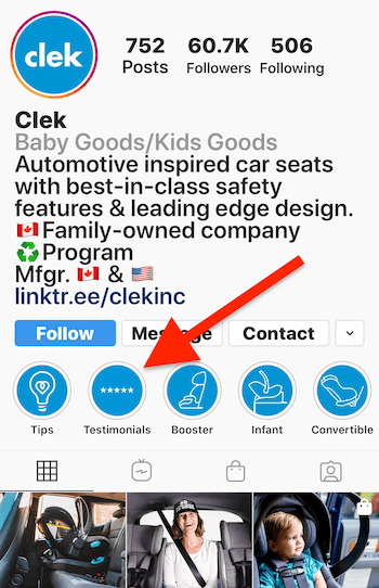 „Instagram Stories“ pabrėžia „Clek“ verslo profilio atsiliepimų albumą