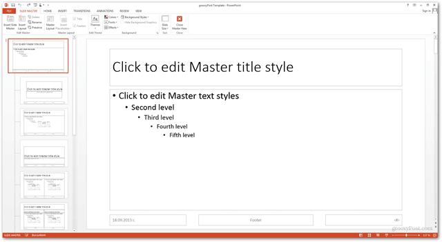 „Office 2013“ šablono kūrimas Padaryti pritaikytą dizainą „POTX“ tinkinti skaidrių skaidres Mokymo programa „Slide Master View“