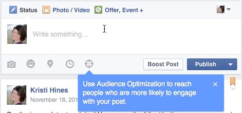 „Facebook“ auditorijos optimizavimas pranešimų atnaujinimo laukelyje