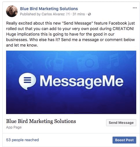 „Facebook“ pridėjo galimybę įtraukti mygtuką į puslapio įrašus, kurie suteikia vartotojams galimybę tiesiogiai atsakyti į „Messenger“.