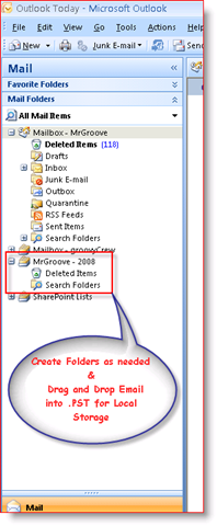 „Outlook 2007“ gautieji rodo .PST asmeninių duomenų failą naršymo srityje:: groovyPost.com