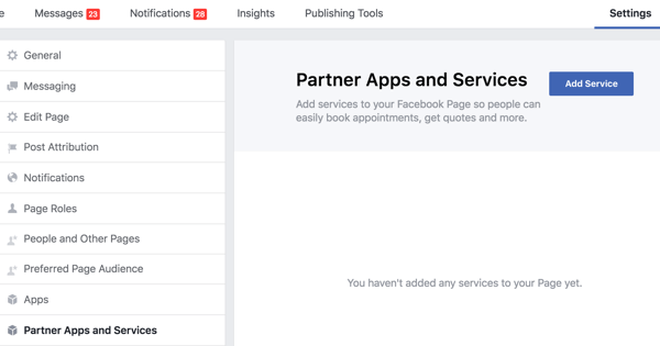 „Facebook“ puslapio nustatymuose spustelėkite Partnerių programos ir paslaugos.