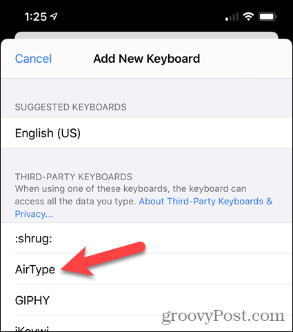 „IPhone“ nustatymų trečiųjų šalių klaviatūrų sąraše palieskite „AirType“