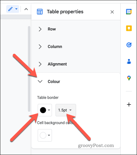 Nustatykite lentelės kraštinės ypatybes „Google“ dokumentuose