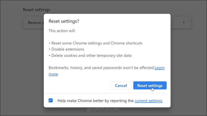 Iš naujo nustatyti nustatymus „Chrome“ patvirtinimas