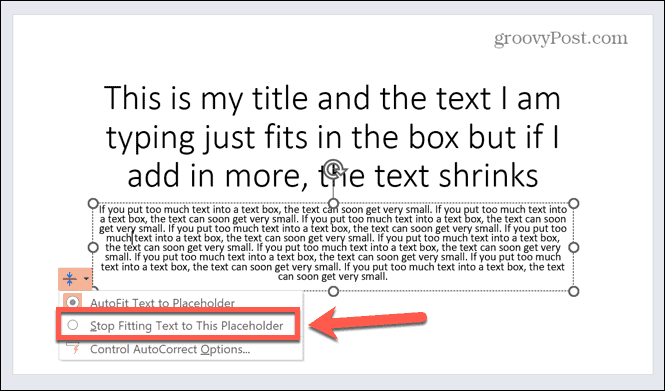 „Powerpoint“ nustokite pritaikyti tekstą į rezervuotąją vietą