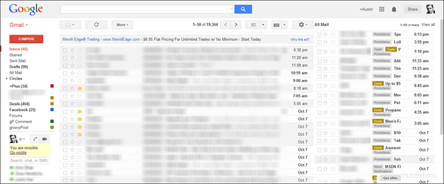 peržiūra „gmail“ ekrano kopija su visais laiškais 2-ojoje srityje dešinėje