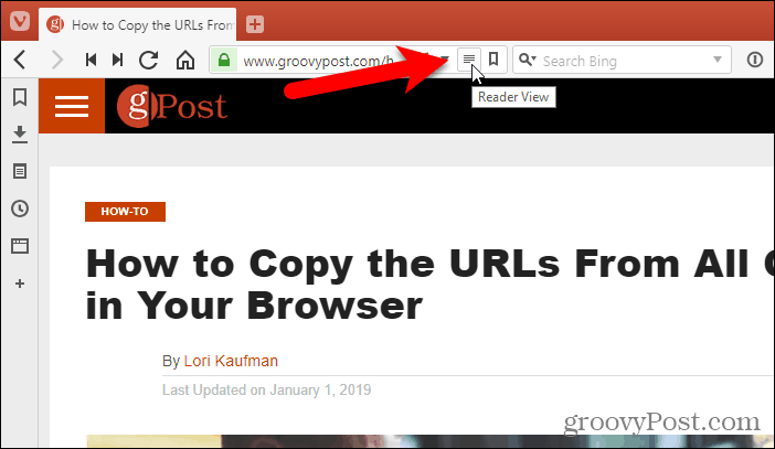Vivaldi adreso juostoje spustelėkite Skaitytojo vaizdas