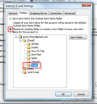 Sąranka Siųskite „iMAP“ paskyros aplanką „Outlook 2007“:: Pasirinkite šiukšliadėžę