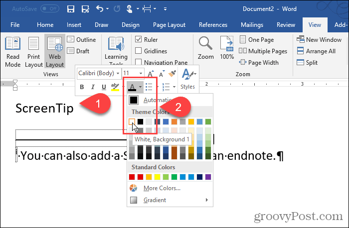 Pakeiskite galinių išnašų skaičiaus „Word“ spalvą