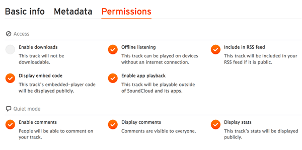 Patikrinkite skirtuką Leidimai ir įsitikinkite, kad garso failas yra jūsų „SoundCloud“ RSS sklaidos kanale.