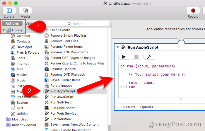Vilkite „AppleScript“ į darbo eigos skydą „Automator“