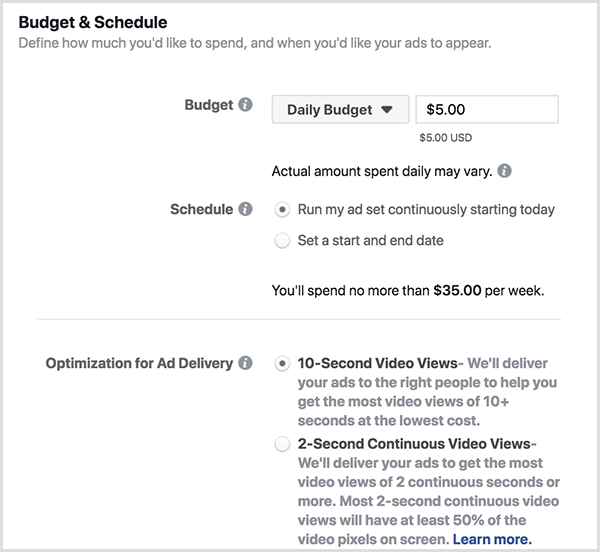 „Facebook“ skelbimų biudžete ir tvarkaraščio parinktyse yra dienos biudžetas ir 10 sekundžių peržiūros.