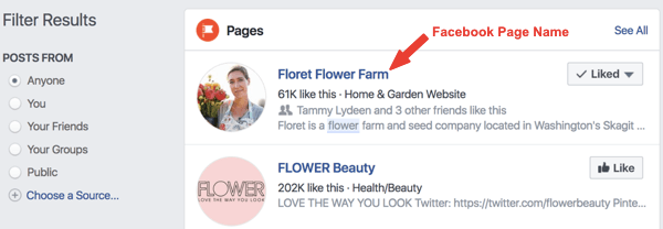 Paieškos rezultatuose „Facebook“ puslapio pavadinimu „Floret Flower Farm“ pavyzdys.