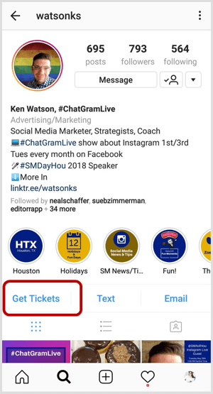 „Instagram“ mygtuko pavyzdys verslo profilyje