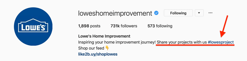 „Lowes“ namų tobulinimo „Instagram“ biografija rodo prekės ženklo naudotojų sukurto turinio (UGC) žymą