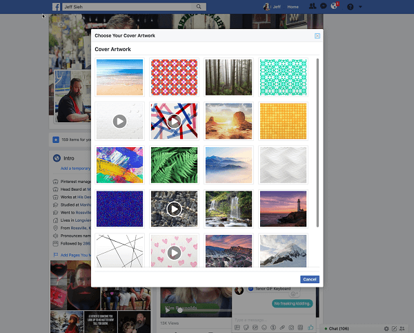 „Facebook“ dabar leidžia vartotojams pasirinkti profilio viršelio vaizdo įrašą iš „Artwork“ bibliotekos. 