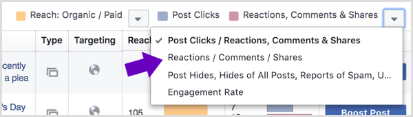„Facebook“ puslapio įžvalgoje spustelėkite rodyklę šalia „Reakcijos, komentarai ir bendrinimai“.