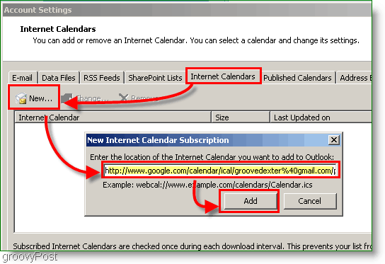 „Outlook 2007“ kalendoriaus ekrano kopija - pridėkite interneto kalendorių
