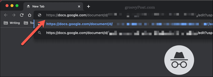 „Google“ dokumentų bendrinimo nuorodos įklijavimas į „Google Chrome“ inkognito lango adreso juostą