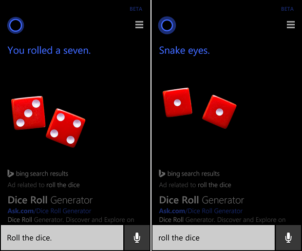 Apverskite monetą arba sukite „Cortana“ kauliuką naudodami „Windows Phone 8.1“