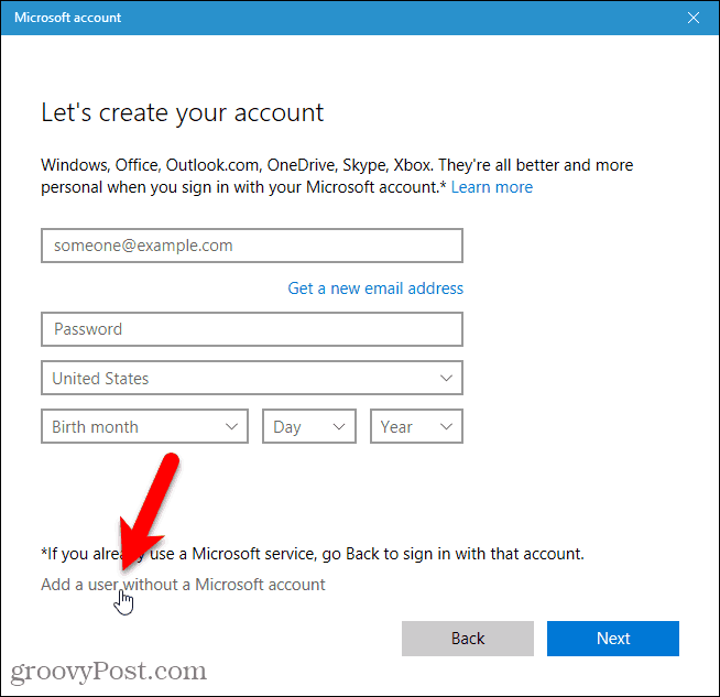 Pridėkite vartotoją be „Microsoft“ paskyros