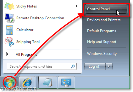 spustelėkite „Windows 7“ pradžios orb meniu, tada spustelėkite valdymo skydelį, kad pradėtumėte pašalinti IE