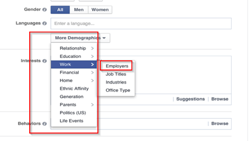 „facebook“ skelbimų taikymo pagal darbo vietą parinktys