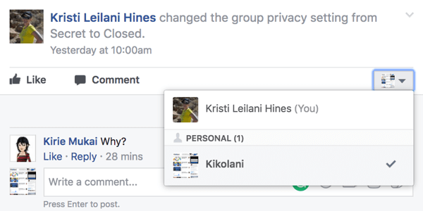 Komentuokite savo „Facebook“ grupėje kaip savo puslapį.