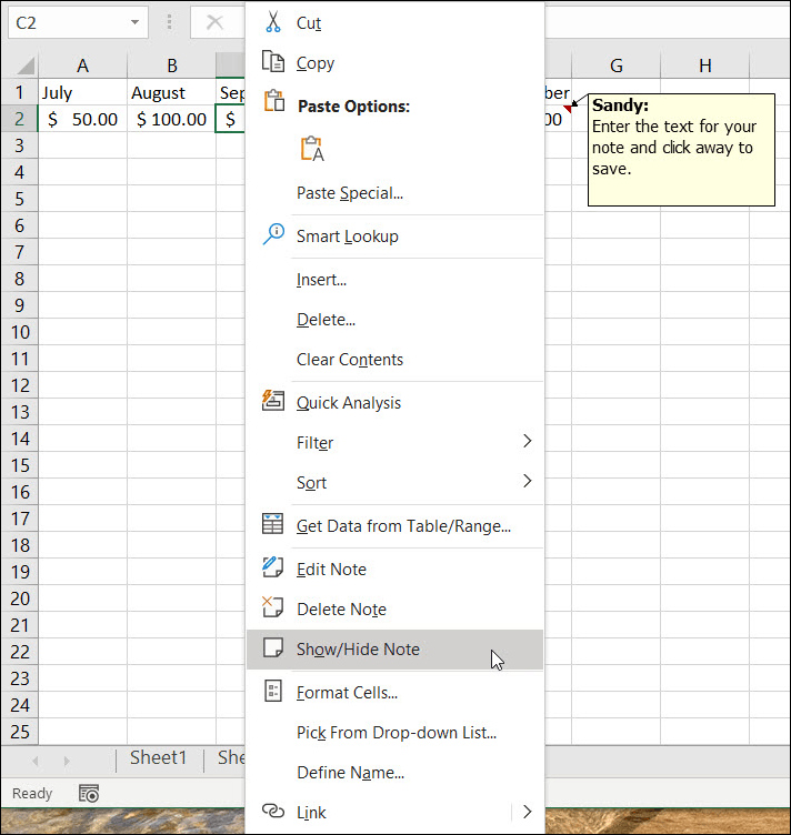 Rodyti arba slėpti užrašus „Excel“