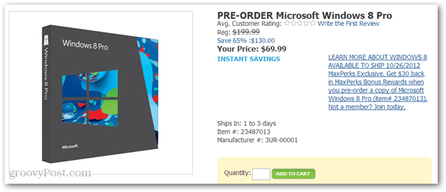 Pirkite „Windows 8 Pro“ už 40 USD iš „Amazon“ (DVD-ROM, 69,99 USD ir 30 USD „Amazon“ kreditas).
