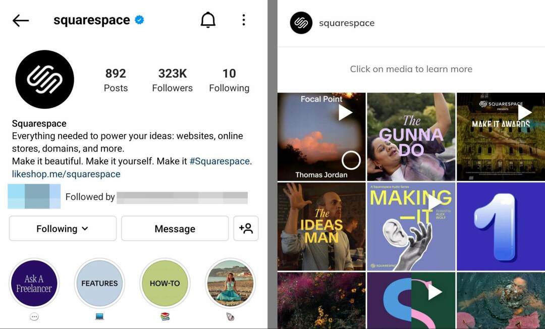 instagram-bio-squarespace-storijos-išryškintų dalykų-pavyzdys