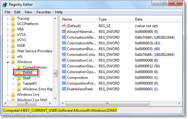 atidaryti „dwm“ registro raktą „Windows 7“