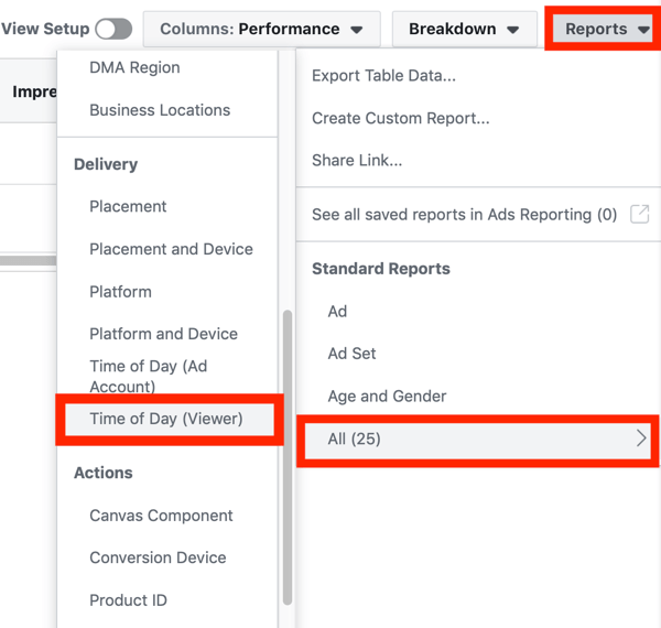 Patarimai, kaip sumažinti „Facebook“ skelbimų išlaidas, galimybė peržiūrėti dienos laiką (žiūriklį) „Facebook Ads“ informacijos suvestinės išskleidžiamajame meniu „Ataskaitos“.