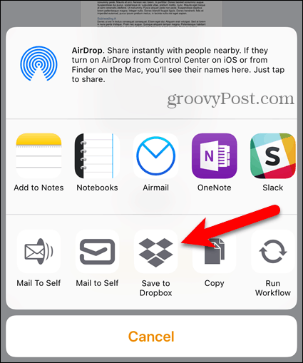 Bakstelėkite „Dropbox“ bendro naudojimo lape „iOS“