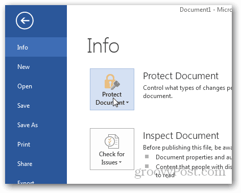 Apsaugokite slaptažodžius ir užšifruokite „Office 2013“ dokumentus: spustelėkite Apsaugoti dokumentą