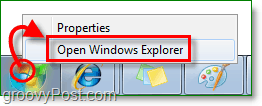 Norėdami įeiti į „Windows 7“ naršyklę, dešiniuoju pelės mygtuku spustelėkite pradžios orb ir spustelėkite atidaryti „Windows Explorer“
