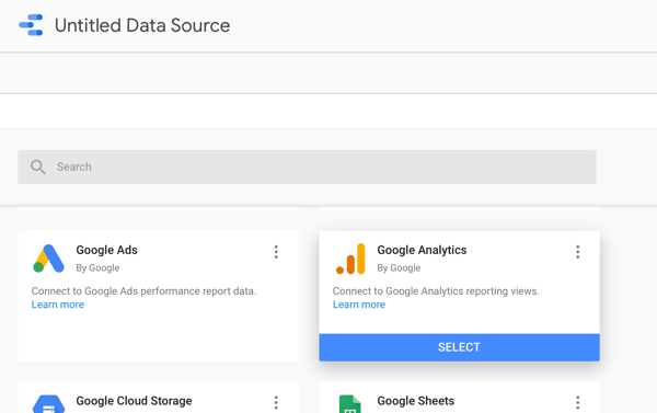 Norėdami analizuoti „Facebook“ skelbimus, naudokite „Google Data Studio“, 2 žingsnis, galimybė naudoti „Google Analytics“ kaip duomenų šaltinį