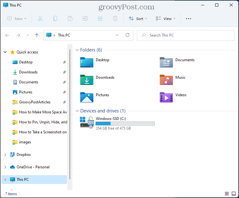 „File Explorer“ atidaroma „Mano kompiuteryje“, o ne „Quick Access“.