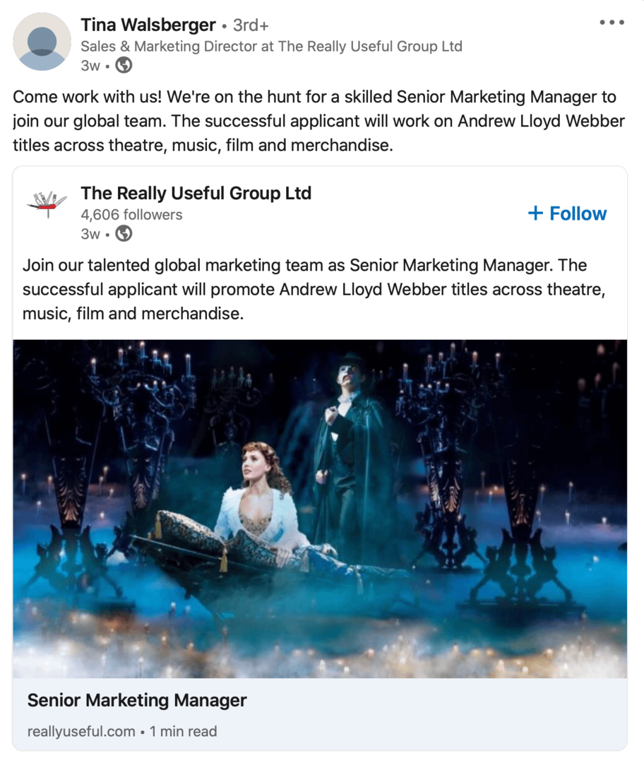 „LinkedIn“ įmonės puslapio įdarbinimo įrašo vaizdas, kurį darbuotojas dar kartą bendrino asmeniniame profilyje