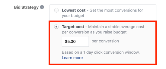 „Facebook“ tikslinių kainų siūlymo parinktis.