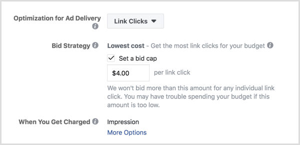 Nustatykite „Facebook“ skelbimų kainos pasiūlymo viršutinę ribą.