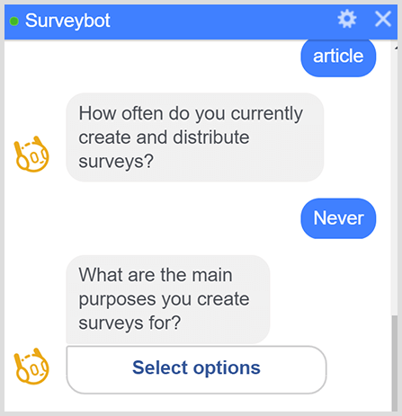 „Messenger“ robotas užduoda daugybę apklausos klausimų.
