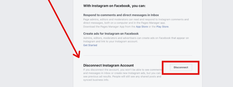 2 žingsnis, kaip atjungti „Instagram“ paskyrą „Facebook“ puslapio nustatymuose