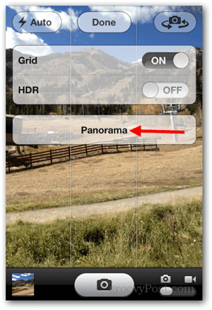Fotografuokite „iPhone iOS“ „Panoraminė nuotrauka“ - bakstelėkite „Panorama“