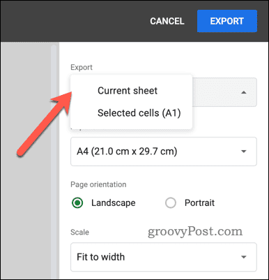 Eksportavimo parinkties pasirinkimas PDF eksportavimui „Google“ skaičiuoklėse